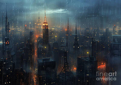 City Scenes Paintings - Cityscape with a rainy atmosphere by Eldre Delvie