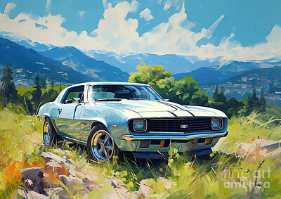 Mountain Drawings - Classic Chevrolet Camaro IROC-Z Vintage Charm in Natures Embrace by Lowell Harann
