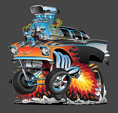 Comics Drawings - Classic hot rod 57 gasser drag racing muscle car cartoon by Jeff Hobrath