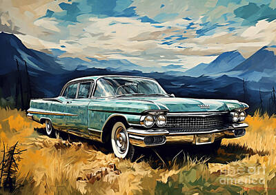 Mountain Drawings - Classic Pontiac Bonneville Brougham Iconic Cars in a Picturesque Landscape by Lowell Harann