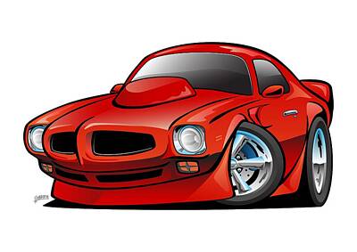 Landmarks Drawings - Classic Seventies American Muscle Car Cartoon by Jeff Hobrath