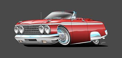 Landmarks Drawings - Classic Sixties American Convertible Muscle Car Cartoon by Jeff Hobrath