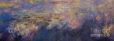 Floral Paintings - Claude Monet Reflections of Clouds on the Water Lily Pond triptych center panel by Artistic Rifki