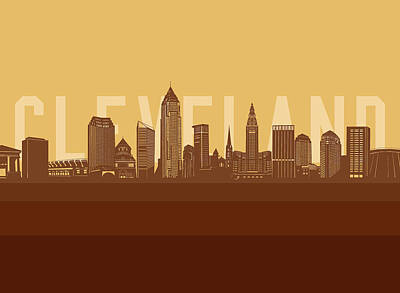 Skylines Digital Art - Cleveland skyline retro yellow by Bekim M