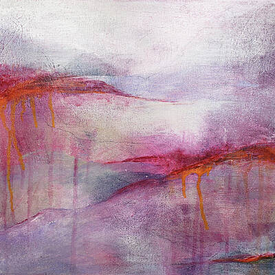 Skylines Paintings - CLIMATE CHANGE III Abstract Landscape Sunset in Red Pink Purple Orange Gray by Lynnie Lang