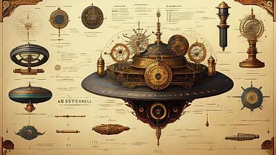 Steampunk Digital Art - Clockwork Flying Saucer  by Tricky Woo