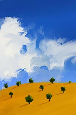 Abstract Landscape Mixed Media - Clouds greeting the hill and the trees 2 - Minimal Landscape Painting - Colorful, Poetic Abstract by Cosmic Soup