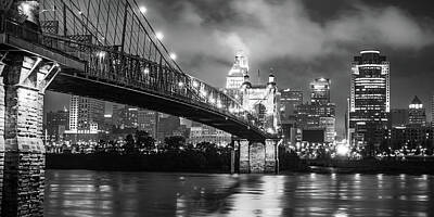 Underwood Archives Royalty Free Images - Clouds Over the Cincinnati Skyline and John Roebling Bridge Panorama in Black and White Royalty-Free Image by Gregory Ballos