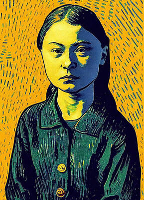 Whimsical Bird Paintings Royalty Free Images - cluse  up  portrait  of  Greta  Thunberg  by  van  gogh  09aa9460  194b  44d5  8da4  483cc6370946 by Royalty-Free Image by MotionAge Designs