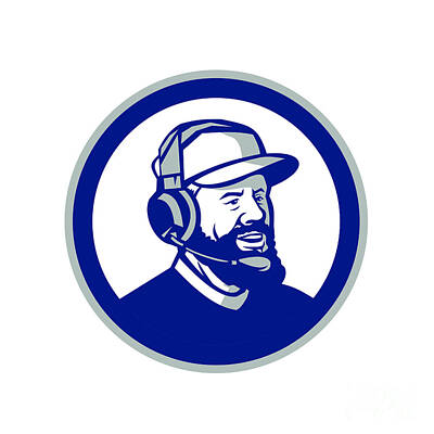 Baseball Digital Art - Coach with Beard and Headphones Circle Retro by Aloysius Patrimonio