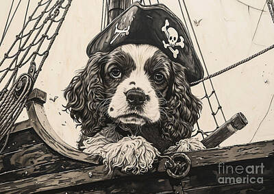 Food And Beverage Drawings - Cocktail Cocker Baby Cocker Spaniel on a Pirate Ship, Inked by Adrien Efren