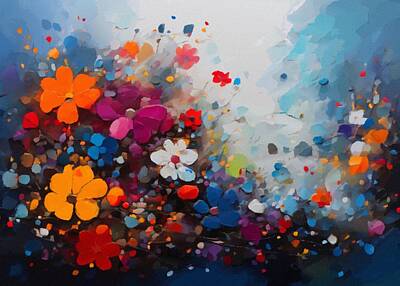 Abstract Flowers Paintings - Colorful Flowers Abstract 3 by Gabriella Weninger - David