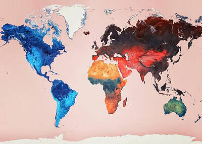 Abstract Ink Paintings In Color - Colorful geographic world map  by Manjik Pictures