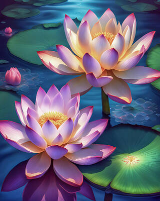 Lilies Digital Art - Colorful lotus flowers on the water surface by Rostislav Bouda
