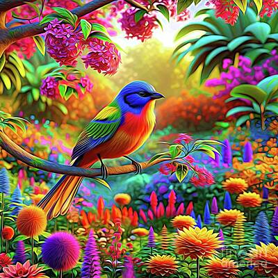 Roses Royalty-Free and Rights-Managed Images - Colorful Painted Bunting in a Lush Garden Expressionist Effect by Rose Santuci-Sofranko