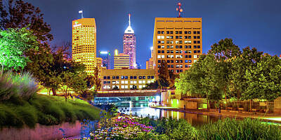 Royalty-Free and Rights-Managed Images - Colorful Skyline of Indianapolis Indiana From the Canal - Panoramic Format by Gregory Ballos