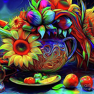 Sunflowers Digital Art - Colorful Sunflower Still Life Abstract Expressionism 2 by Rose Santuci-Sofranko