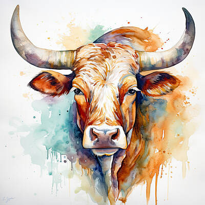 Portraits Paintings - Colorful Watercolor Portrait of a Texas Longhorn by Lourry Legarde