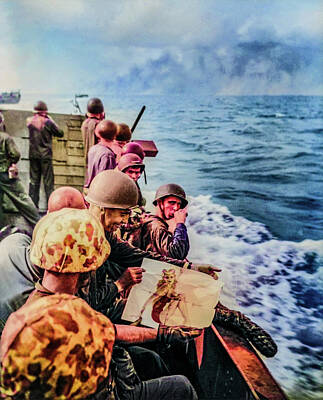 Snowflakes - Colorized U.S. Marines aboard a landing craft During WW2 Several Marines hold up an image WW2 by Vintage History Restored