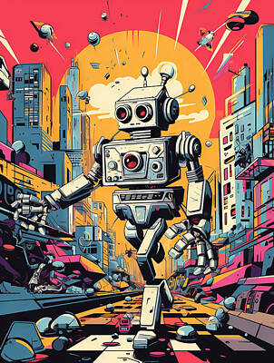 Comics Drawings - Comic book robot invasion by Karen Foley