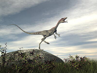 Recently Sold - Reptiles Digital Art - Compsognathus dinosaur standing on a rock - 3D render by Elenarts - Elena Duvernay Digital Art