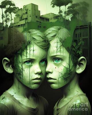 Surrealism Mixed Media Rights Managed Images - Concrete Jungle Twins - A Surreal Green Overgrown Portrait Royalty-Free Image by Artvizual Premium