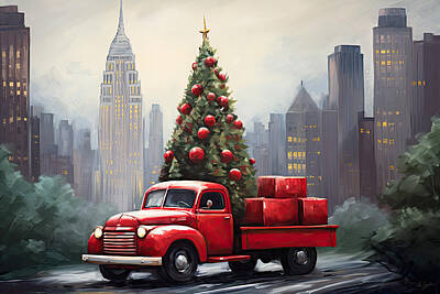 Cities Paintings - conic Christmas Truck with Empire State Building as Backdrop by Lourry Legarde
