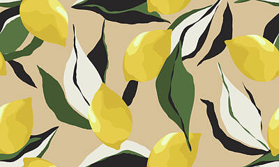Florals Drawings - Contemporary seamless lemon pattern. Fashionable by Julien