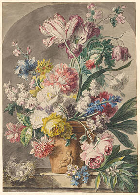 Animals Paintings - Copy after Jan van Huysum 1682 1749 Flowers in an Urn and a Birds Nest on a Stone Ledge within a Nic by Arpina Shop