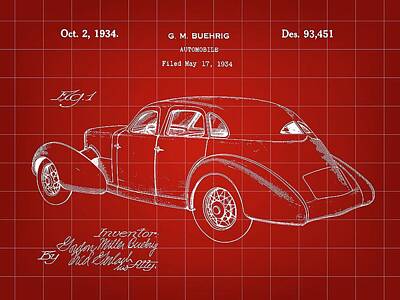 Transportation Royalty Free Images - Cord Automobile Patent 1934 Red Stephen Younts Royalty-Free Image by Car Lover