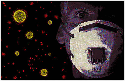 Comic Character Paintings - Coronavirus or COVID-19 and man with mask with red dots - art by Celestial Images