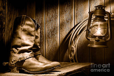 Landmarks Royalty-Free and Rights-Managed Images - Cowboy Boots in Old Barn - Sepia by American West Legend