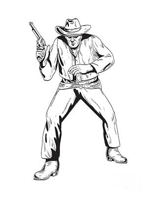 Comics Royalty-Free and Rights-Managed Images - Cowboy with Pistol Drawn in Gunfight Viewed from the Front View Comics Style Drawing  by Aloysius Patrimonio