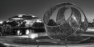 Football Royalty Free Images - Dallas Texas Football Stadium Panorama And Unity Arch At Dusk - Black And White Royalty-Free Image by Gregory Ballos