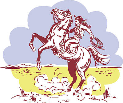 Comics Drawings - Cowgirl riding a Wild Horse on a Rodeo by Julien