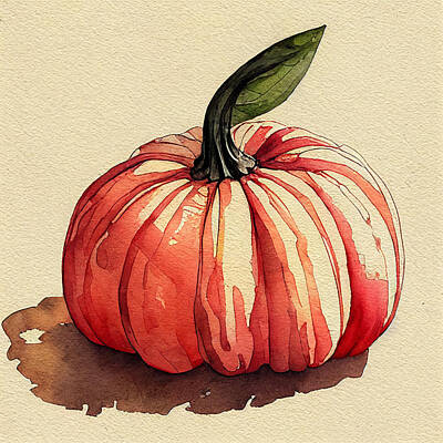 Nothing But Numbers - Cozy  Watercolor  Pumpkin  With  Leaf  Botanical  Illustrat  C0304337645563f  B6459043  6456455633b  by Celestial Images