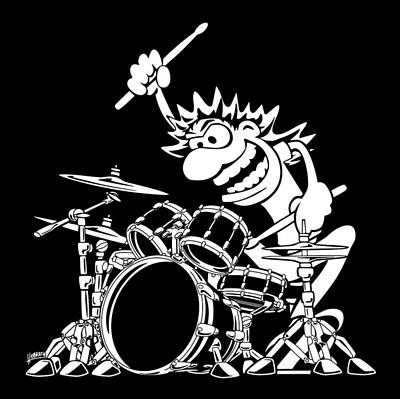 Rock And Roll Digital Art - Crazy Drummer Cartoon Illustration by Jeff Hobrath
