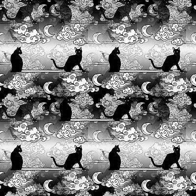 Airplane Paintings Royalty Free Images - Cresent Moon Clouds and Cats tiled pattern Royalty-Free Image by Katherine Nutt