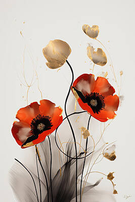 Royalty-Free and Rights-Managed Images - Crimson Fire on Ivory- Red Poppies Minimalist Art by Lourry Legarde