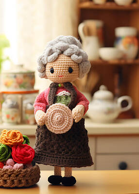Digital Art - Crochet doll and flowers in kitchen by EML CircusValley