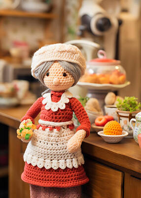 Digital Art - Crochet doll red dress white apron by EML CircusValley