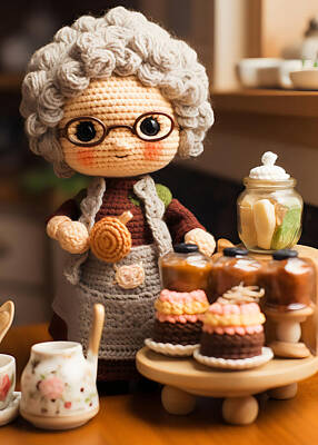 Digital Art - Crochet doll with cupcakes and glasses by EML CircusValley
