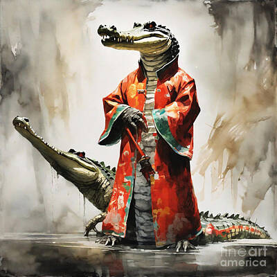 Reptiles Drawings Royalty Free Images - Crocodile in Elegant Chinese Attire Royalty-Free Image by Adrien Efren