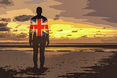 Black And White Line Drawings - Crosby Beach Iron Man with Union Jack by Paul Madden