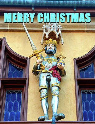 Black And White Line Drawings - Cross and sword Knight Christmas card by David Lee Thompson