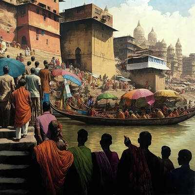 A Tribe Called Beach - Crowd of pilgrims Ganges ghats  Varanasi, India - #aYearForArt  by Steve Estvanik