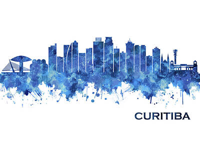 Abstract Skyline Mixed Media - Curitiba Brazil Skyline Blue by NextWay Art
