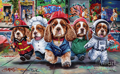 Mammals Paintings - Cute Animals English Cocker Spaniel Jobs and Professions by Adrien Efren