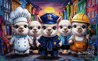 Cities Paintings - Cute Animals Llamas Jobs and Professions by Adrien Efren