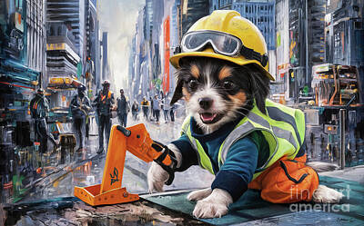Cities Paintings - Cute Animals Lowchen Jobs and Professions by Adrien Efren